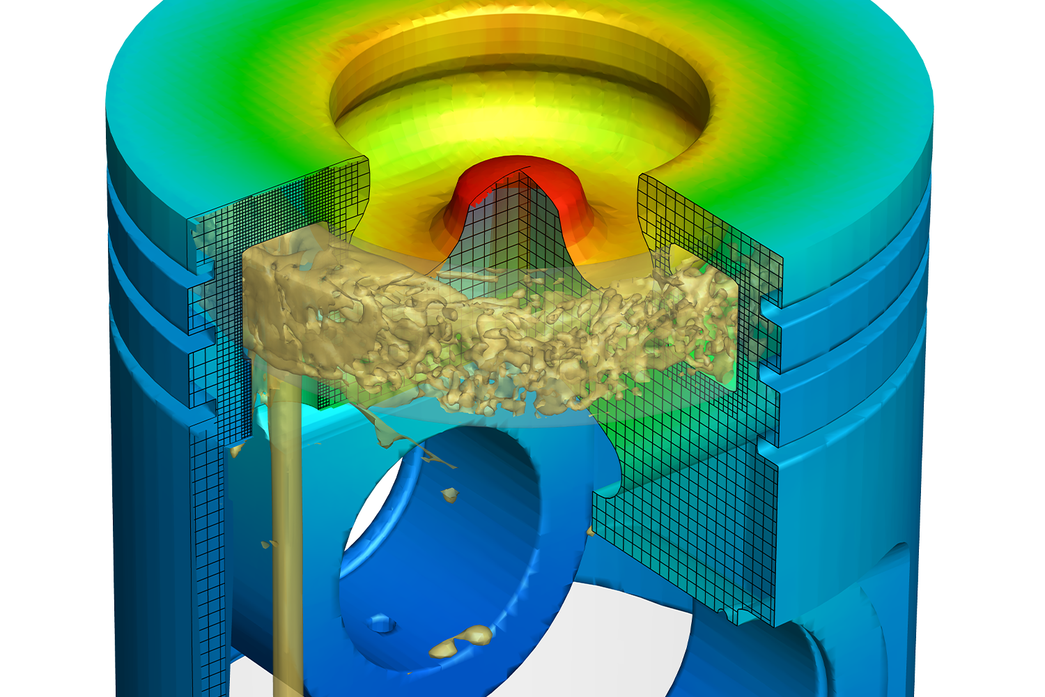 CONVERGE simulation of an oil jet-cooled piston, using VOF modeling and Adaptive Mesh Refinement.