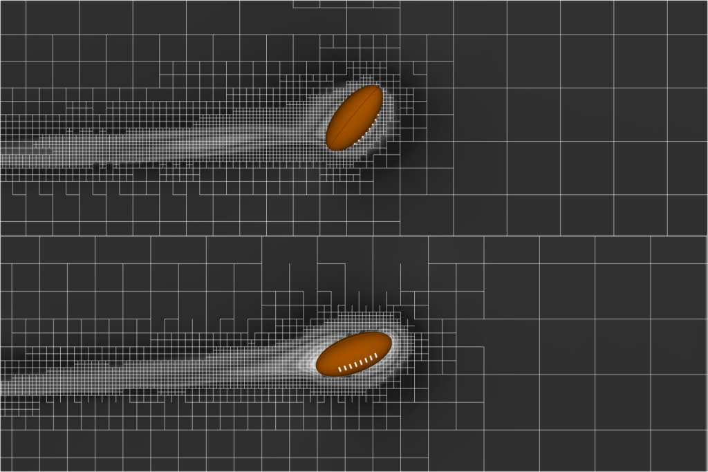 figure 2, top: Simulation in CONVERGE, football with “wobble.” figure 2, bottom: Simulation in CONVERGE, football spiraling. - See more at: http://www.convergecfd.com/news-item/wobblypasscfd/#sthash.DHLgSLpW.dpuf